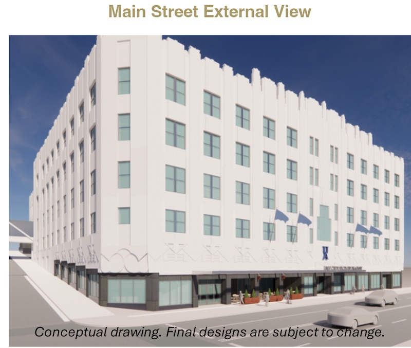 A conceptual rendering of a modern, four-story building with large windows, white exterior, and decorative detailing, labeled Main Street External View. Text notes that final designs may change.