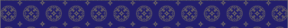A blue patterned border featuring repeating gold oval shapes with intricate interior designs and diamond motifs, forming a decorative geometric pattern.