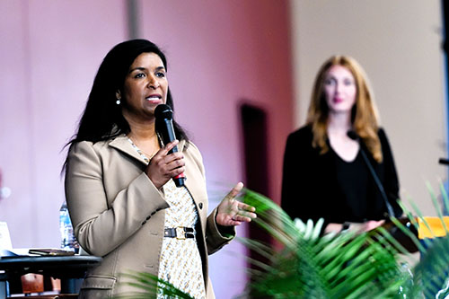 Dr. Kimborough and moderator, Melanie Myers at Ohio Economic Forum 2025