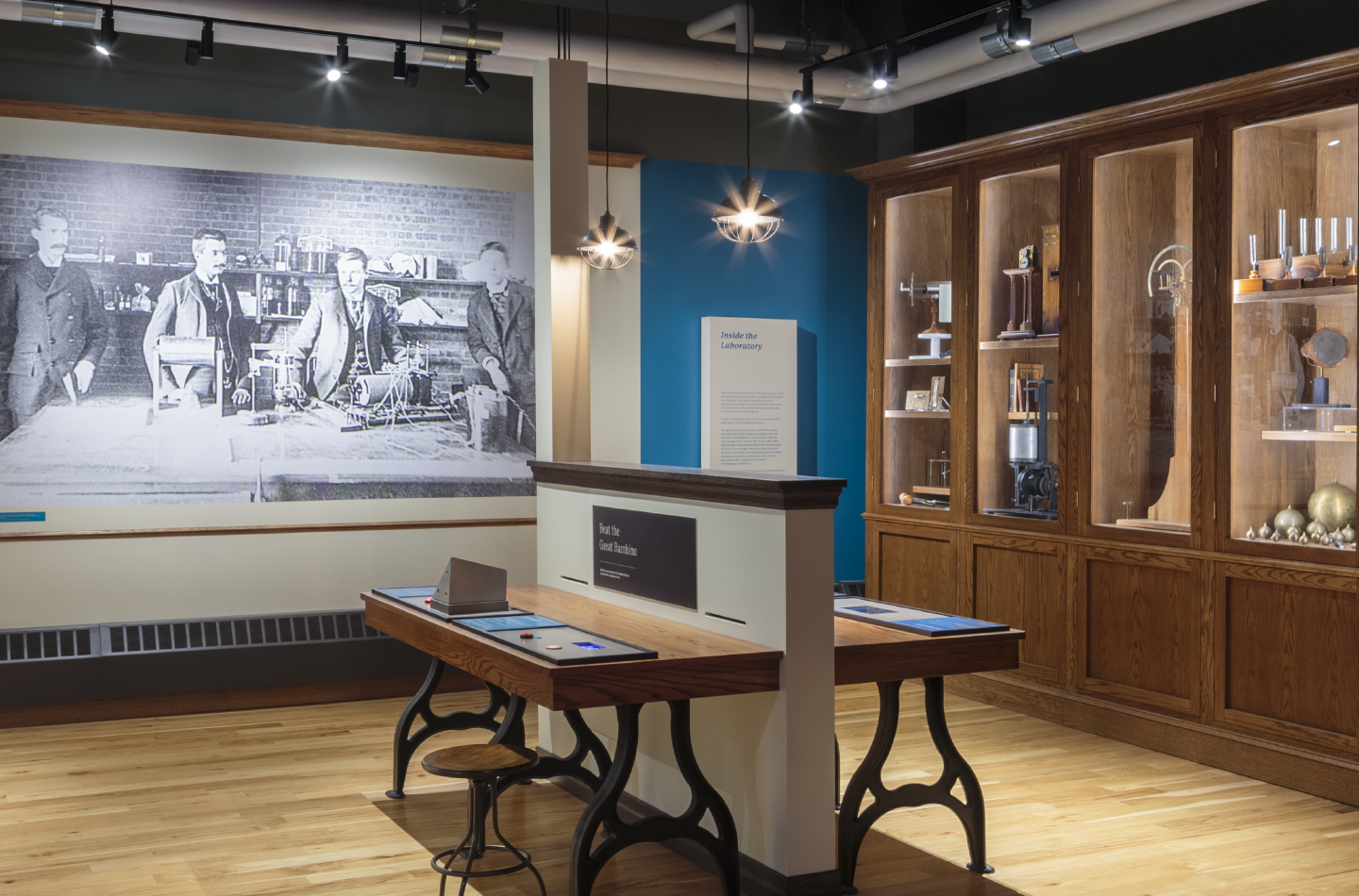Museum gallery featuring laboratory artifacts