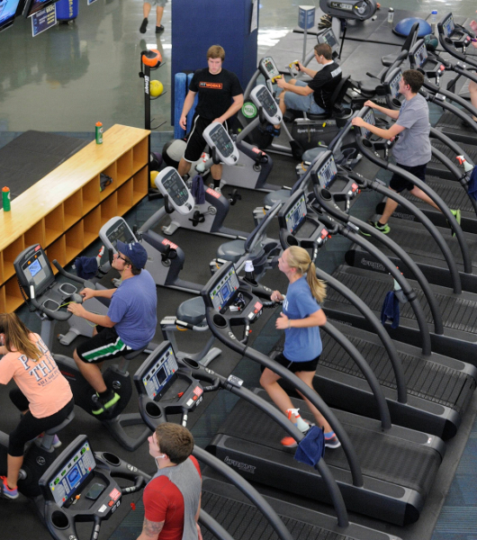 overhead view of multiple people running on a row of treadmills