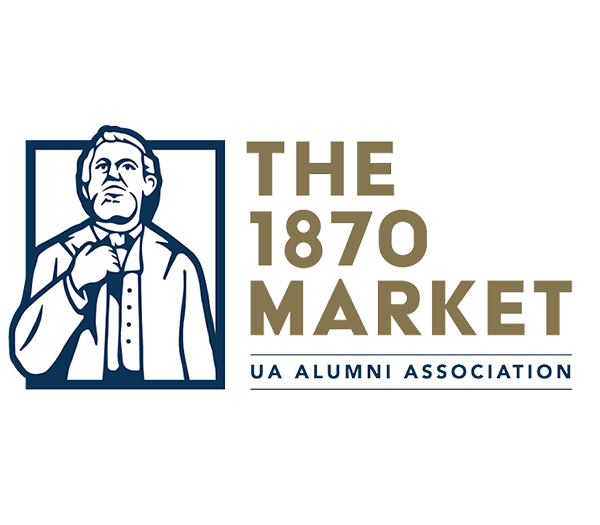 A stylized drawing of a man in 19th-century clothing next to the words The 1870 Market UA Alumni Association in gold and blue text.