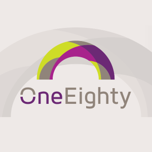 OneEighty logo featuring the word “OneEighty” in purple and taupe text beneath overlapping lime-green, purple, and taupe semicircular arcs on a light gray background with subtle curved patterns.