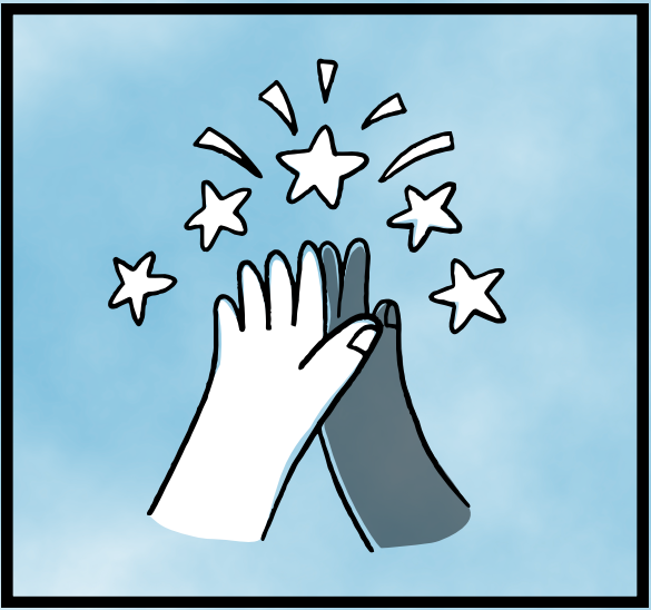 Two hands high fiving with stars around them on a light blue background.