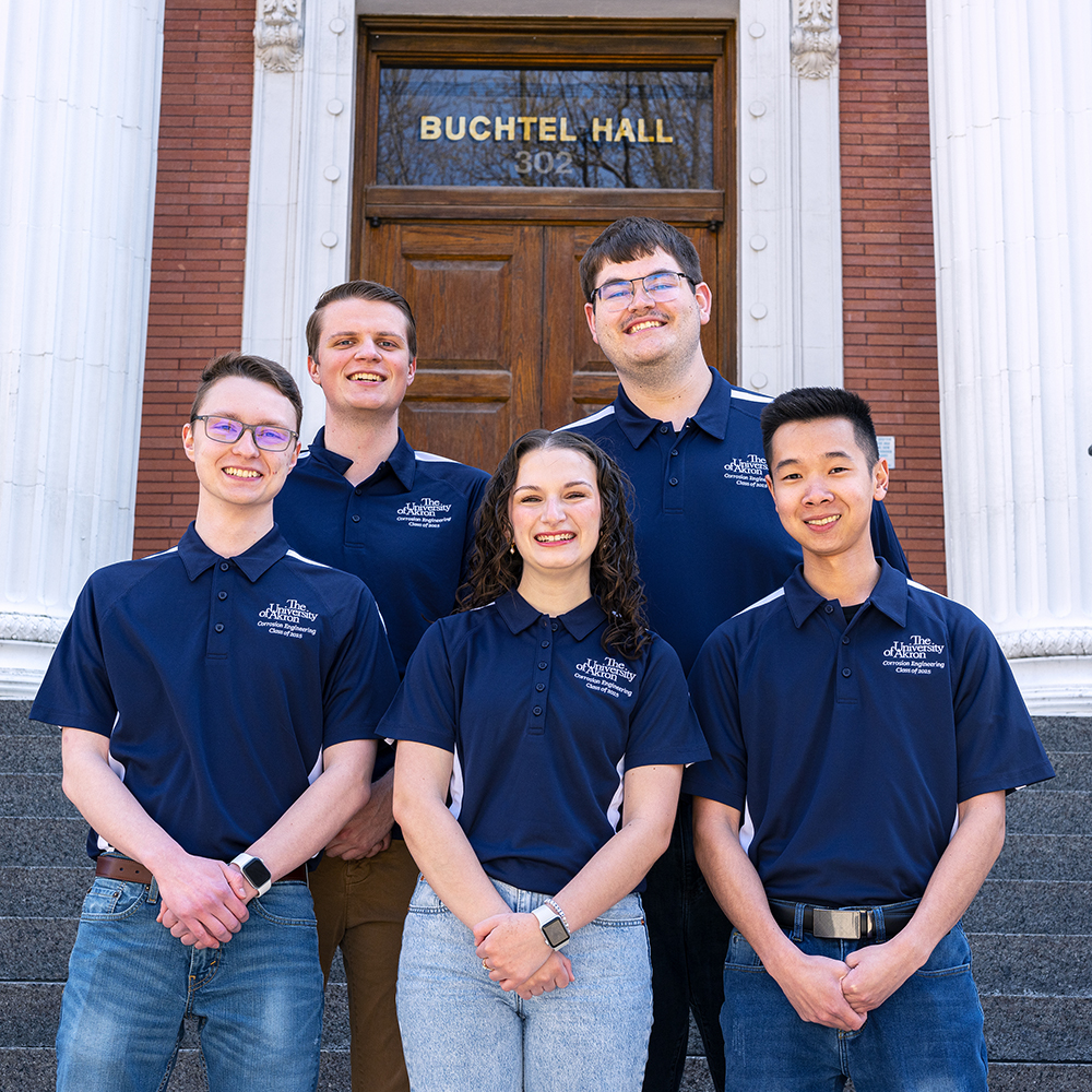 Engineering students in front of Buchtel Hall