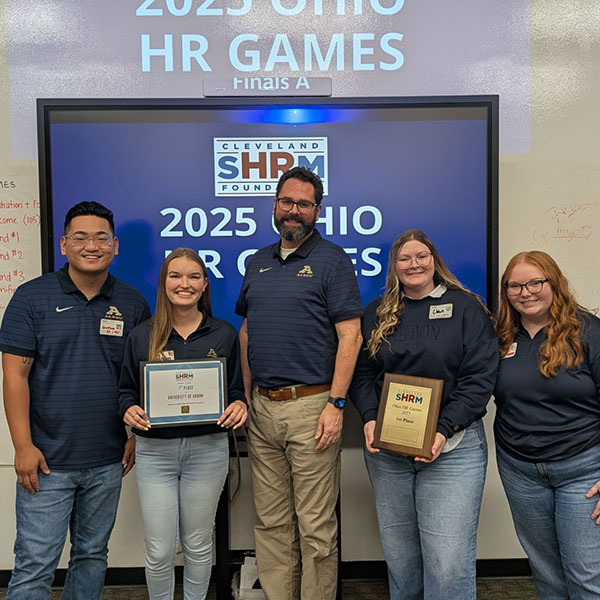 UA’s SHRM executive team comprised of Greyson Morris, Megan Valloric, Chloe Blick and Morgan Bucy, along with faculty advisor, Dr. Scott Bible.