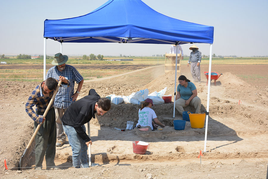 People digging under a tent at an archeology site in the dessert.