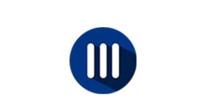 A blue circle with three white vertical rectangles in the center, casting a dark blue shadow to the right, resembling the number three