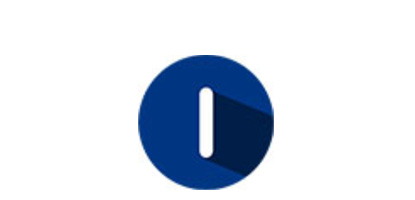 A blue circle with a white vertical rectangle in the center, casting a dark blue shadow to the right, resembling the number one or the letter I.
