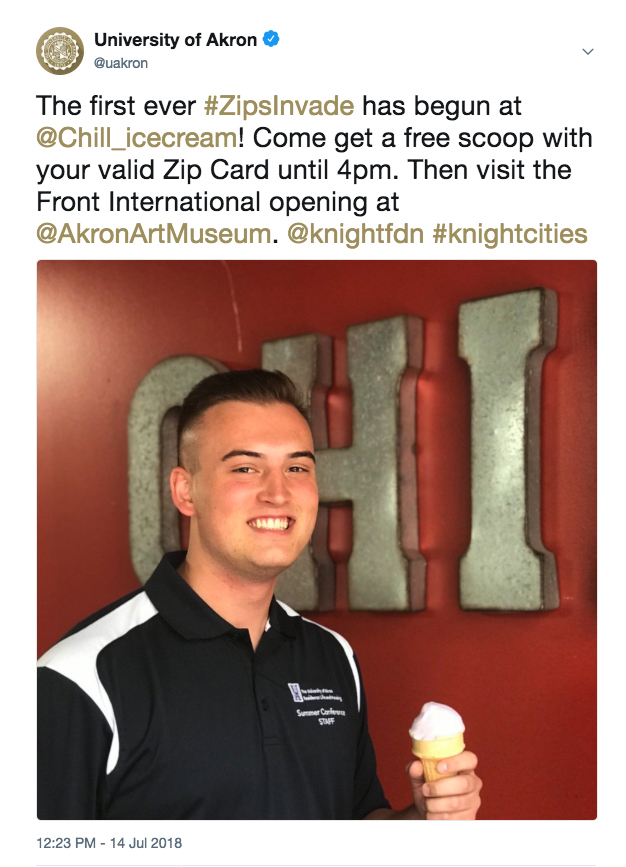 Student holds ice cream cone at Chill