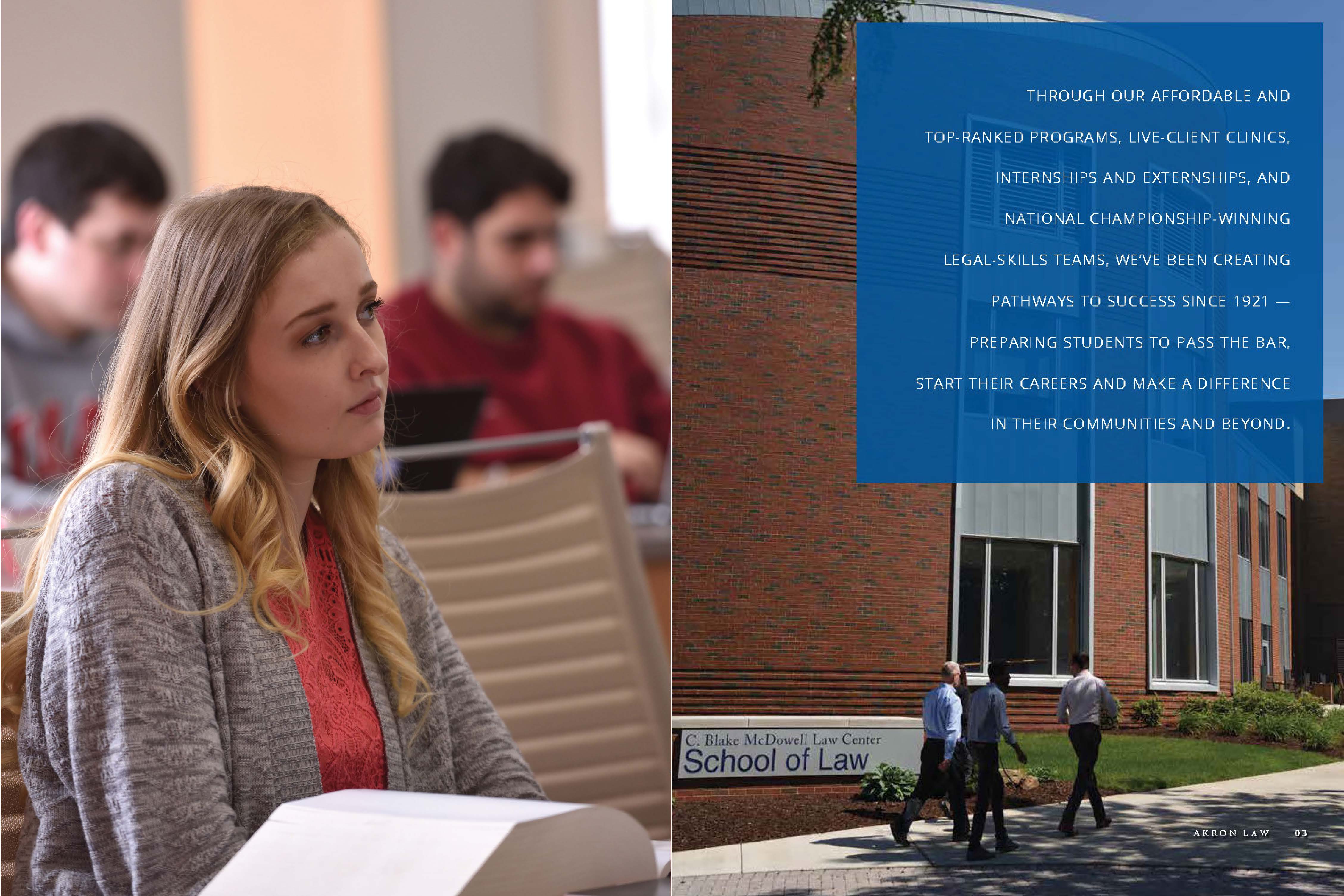 Inside the School of Law's viewbook, a spread of pages showing figures and students inside a common area